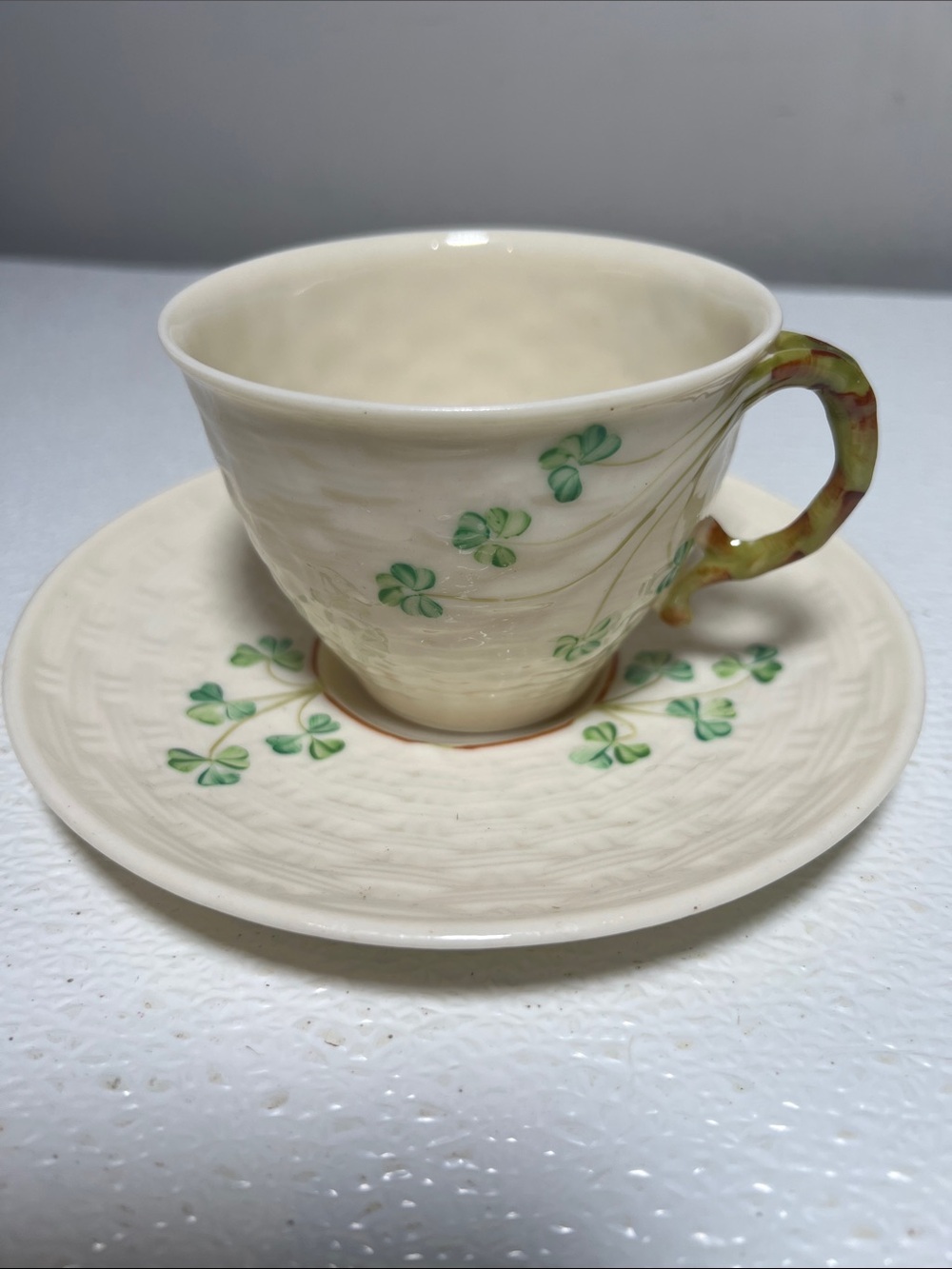 Vintage Irish Belleek Tea Cup and Saucer | Basketweave Shamrock